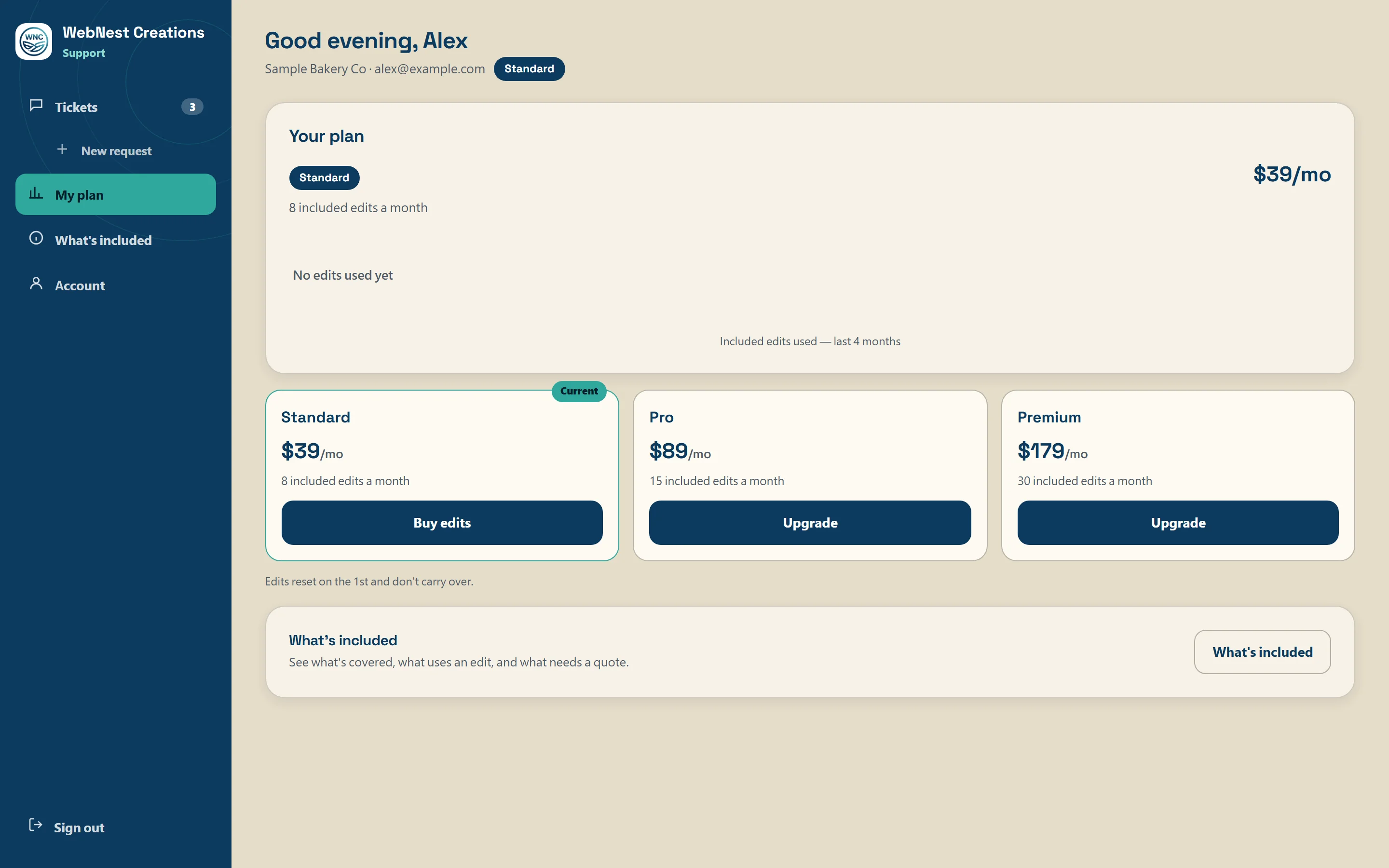 The My plan view: included edits, usage and plan options